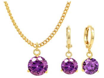 Collier et boucles d'oreilles en or jaune et pierres rondes violettes 1