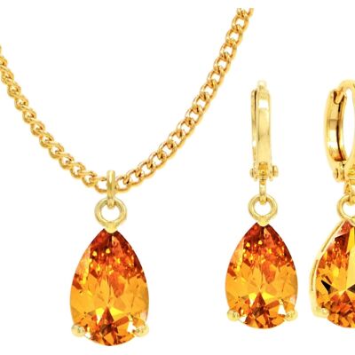 Yellow Gold Citrine Pear Gem Necklace And Earrings