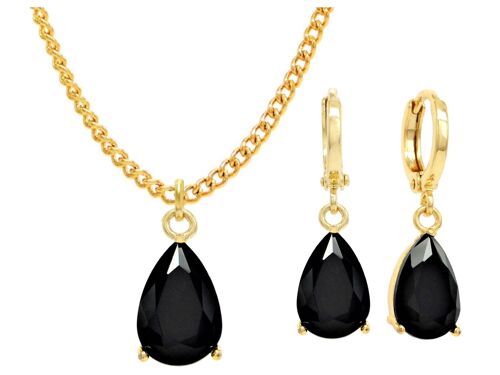 Yellow Gold Black Pear Moonstone Necklace And Earrings