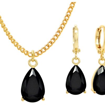 Yellow Gold Black Pear Moonstone Necklace And Earrings