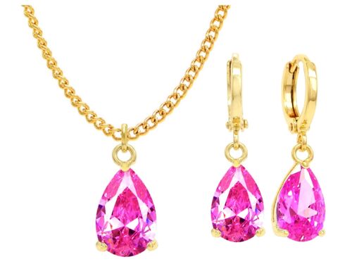 Yellow Gold Pink Pear Gem Necklace And Earrings