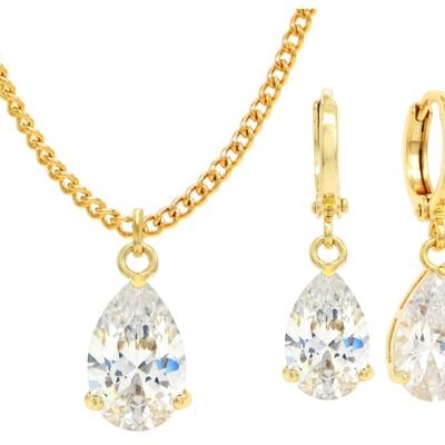Yellow Gold White Pear Gem Necklace And Earrings