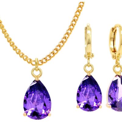 Yellow Gold Purple Pear Gem Necklace And Earrings