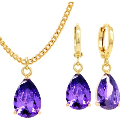 Yellow Gold Purple Pear Gem Necklace And Earrings