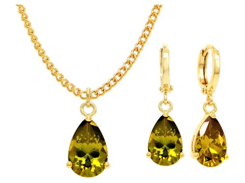 Yellow Gold Green Pear Gem Necklace And Earrings