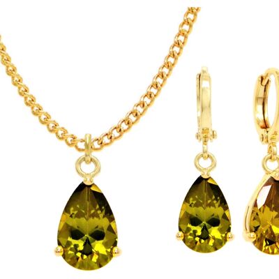 Collana e orecchini con gemme di pera verde in oro giallo