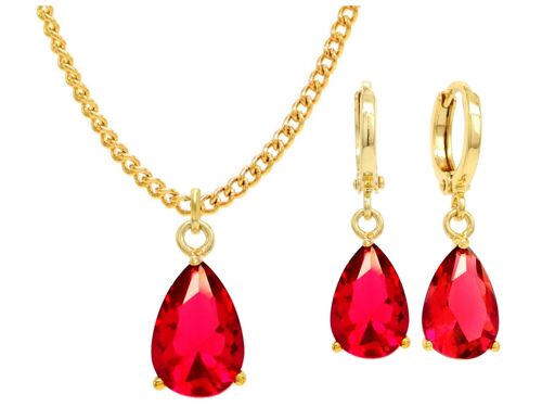 Yellow Gold Red Pear Gem Necklace And Earrings