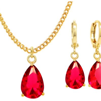Yellow Gold Red Pear Gem Necklace And Earrings