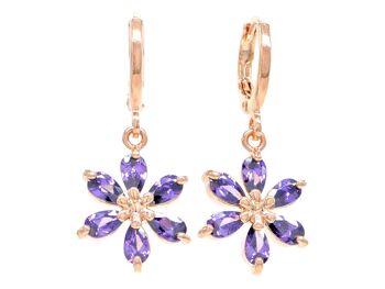 Boucles d'oreilles fleurs en or rose et gouttes de pluie violettes 1