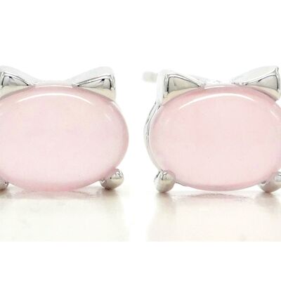 Boucles d'oreilles chat en pierre de lune rose en argent sterling