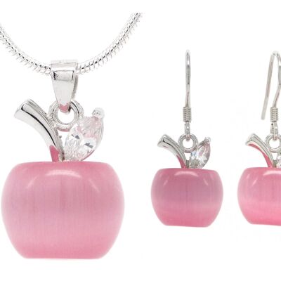 Apfel-Halskette und Ohrringe aus rosa Mondstein