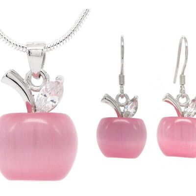 Collana e orecchini con mela in pietra di luna rosa