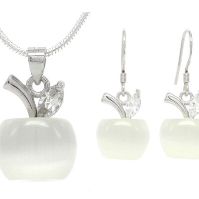 Halskette und Ohrringe mit weißem Mondstein-Apfel
