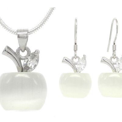 Collier et boucles d'oreilles pomme en pierre de lune blanche