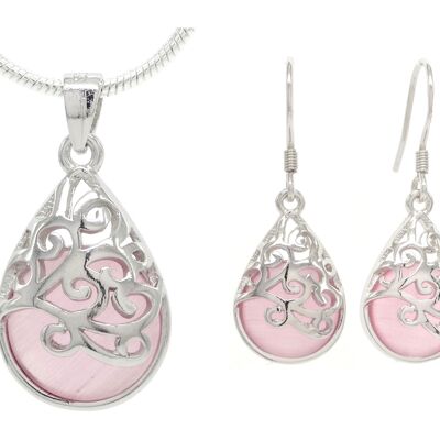 Collier et boucles d'oreilles en pierre de lune rose décorée