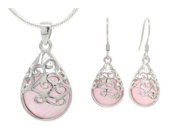 Collier et boucles d'oreilles en pierre de lune rose décorée 1