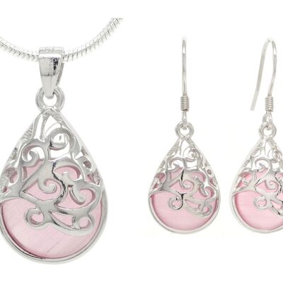 Collana e orecchini in pietra di luna rosa decorati