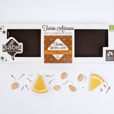 Turrón Artesano BIO – Chocolate con LECHE, ALMENDRA, NARANJA y AZAFRÁN, 200 g.