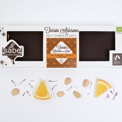BIO Artisan Nougat - Chocolat AU LAIT, AMANDE, ORANGE et SAFRAN, 200 g.