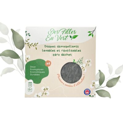 4 round washable and reusable cleansing wipes GRAY - Made in France 🇫🇷