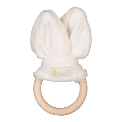 Mordedor orejas de conejo Montessori - juguete de madera y doble gasa de algodón blanco roto