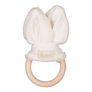 Anneau de dentition Montessori oreilles lapin - jouet en bois et double gaze coton blanc cassé 1