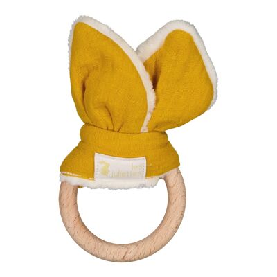 Anello da dentizione Montessori orecchie di coniglio - giocattolo in legno e doppia garza di cotone color miele