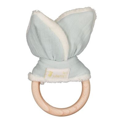 Montessori teething ring rabbit ears - wooden toy and double opaline cotton gauze