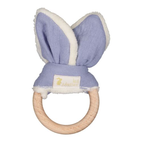 Anneau de dentition Montessori oreilles lapin - jouet en bois et double gaze coton bleu stone
