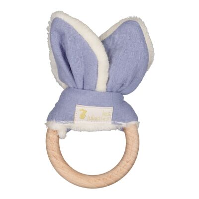 Mordedor Montessori orejas de conejo - juguete de madera y gasa de algodón azul doble piedra
