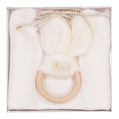 Babero de nacimiento caja de nacimiento + anillo de dentición de oreja de conejo Montessori - Juguete de madera - blanquecino