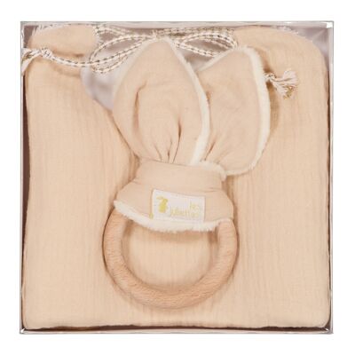 Cassetta nascita bavaglino nascita + anello dentizione orecchio coniglio Montessori - Giocattolo in legno - Rosa cipria