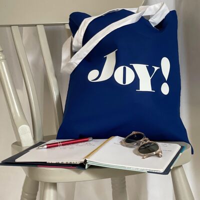 JOY! slogan bright blue tote bag