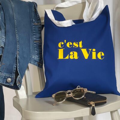 C'est la vie slogan bright coloured tote bag - yellow on blue