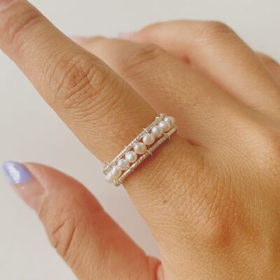 Anillo Apilable Astrid - Perlas Marfil-Plata - S