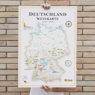 Weinkarte von Deutschland - Mappa dei vini della Germania in tedesco - 50x70 cm