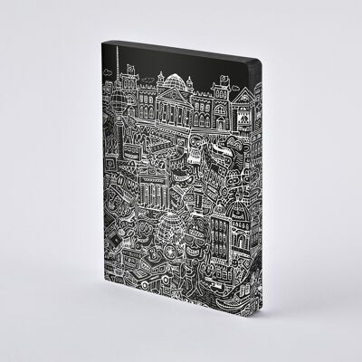 Berlino - Grafico L | quaderno nuuna A5+ | Griglia a punti da 3,5 mm | Carta premium da 120 g | pelle nera | prodotto in modo sostenibile in Germania