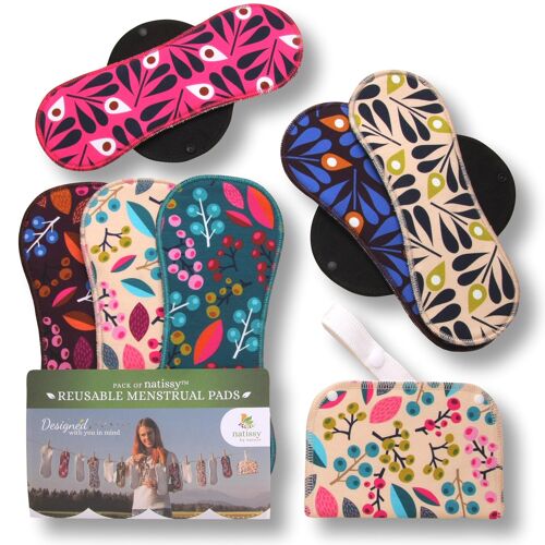 Organic Cotton Reusable Menstrual Pads with Wings 6-Pack (Sizes L & XL) - Grapes & Peacock (black wings) - 6 Pads + wetbag