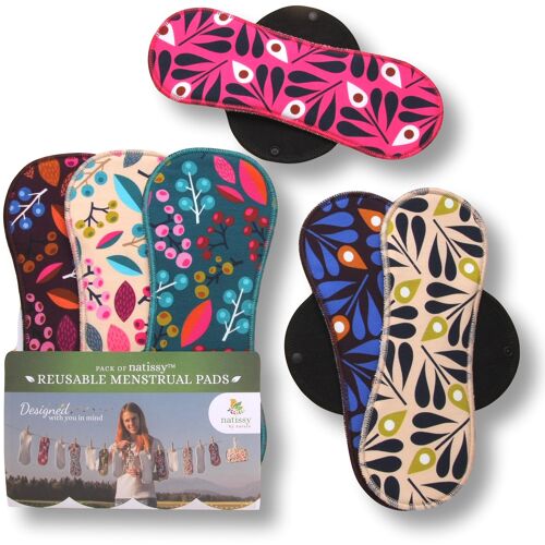 Organic Cotton Reusable Menstrual Pads with Wings 6-Pack (Sizes L & XL) - Grapes & Peacock (black wings) - 6 Pads