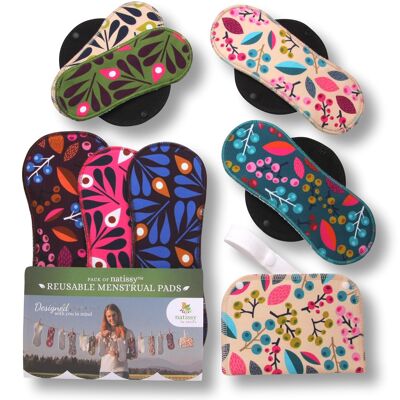 Organic Cotton Reusable Menstrual Pads with Wings Multipack (Sizes S, M, L, XL) - Grapes & Peacock (black wings) - 7 Pads + wetbag