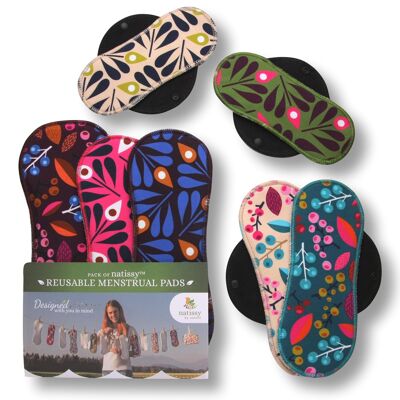 Paquete múltiple de almohadillas menstruales reutilizables de algodón orgánico con alas (tamaños S, M, L, XL) - Uvas y pavo real (alas negras) - 7 almohadillas