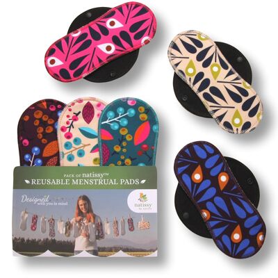 Organic Cotton Reusable Menstrual Pads with Wings 6-Pack (Sizes S & M) - Grapes & Peacock (black wings) - 6 Pads