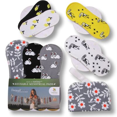 Wiederverwendbare Menstruationspads aus Bio-Baumwolle mit Flügeln Multipack (Größen S, M, L, XL) - Zitronen (weiße Flügel) - 7 Pads + Wetbag