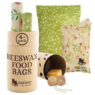 Bolsas de cera de abejas, juego de 4 bolsas de almacenamiento de alimentos enceradas sostenibles y ecológicas - Flores