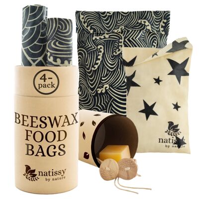 Bolsas de cera de abejas, juego de 4 bolsas de almacenamiento de alimentos enceradas sostenibles y ecológicas - Blanco y negro