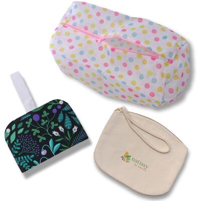 Confezione da 3: borsa per il trasporto in cotone organico, borsa per gli indumenti bagnati con doppia tasca e borsa per il bucato in rete
