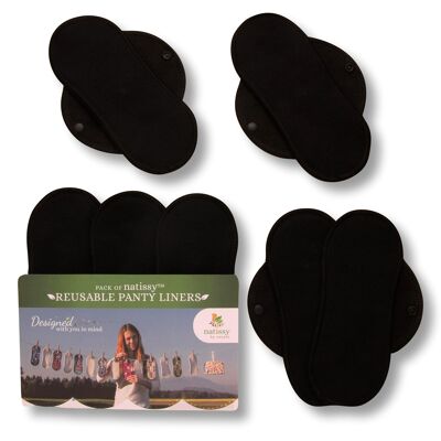 Organic Cotton Reusable Panty Liners with Wings 7-Pack (Size S) - Solid Black (black wings)