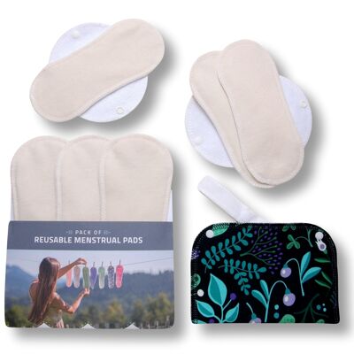 Paquete de 6 almohadillas menstruales reutilizables de algodón orgánico con alas (tamaños S y M) - Natural sin blanquear (alas blancas) - 6 almohadillas + bolsa húmeda
