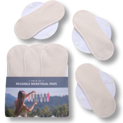 Almohadillas menstruales reutilizables de algodón orgánico con alas, paquete de 6 (tamaños S y M), natural sin blanquear (alas blancas), 6 almohadillas