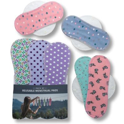 Multipack de almohadillas menstruales reutilizables de algodón con alas (tamaños S, M, L, XL) - Pastel (alas blancas)